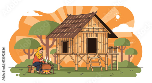 Illustrative depiction of a woman cooking outdoors near a traditional bamboo house rural scene