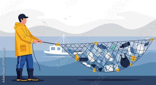 Illustrative Depiction of Ocean Cleanup Effort Focused on Removing Plastic Waste Using Nets