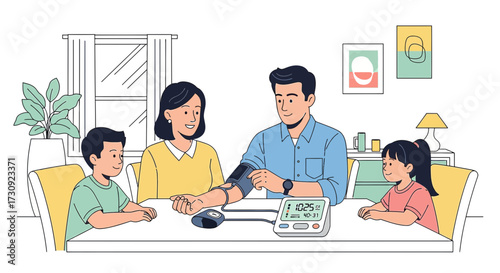 Illustrative family monitoring blood pressure at home for healthcare awareness