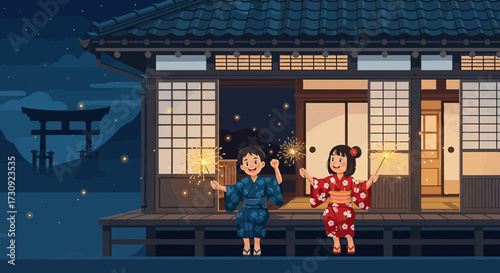 Japanese children enjoy sparklers on a summer evening in traditional clothing near a house