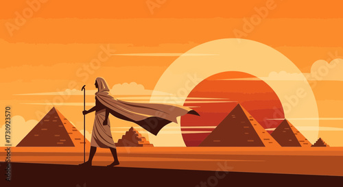 Majestic journey through ancient egypt at sunset with pyramids and enigmatic figure