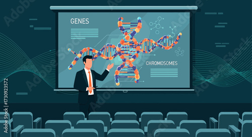 Lecture on genetics chromosomes and genes presentation in classroom setting illustrating the