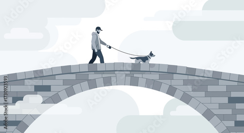 Man and his Dog Crossing an Arched Stone Bridge on a Cloudy Day Illustration
