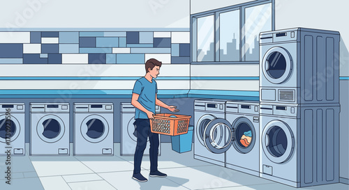 Man carrying laundry basket in a laundromat filled with washing machines for clean clothes