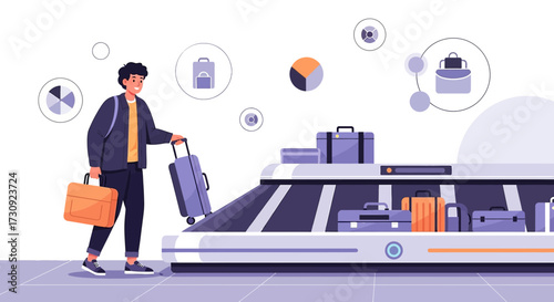 Man retrieves luggage from baggage claim carousel at the airport travel concept
