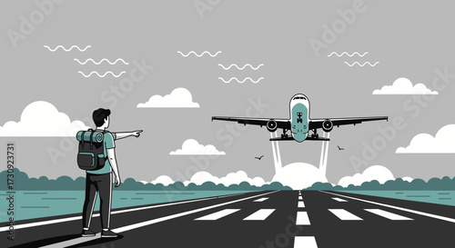 Man with backpack watching airplane taking off runway adventure aviation and travel