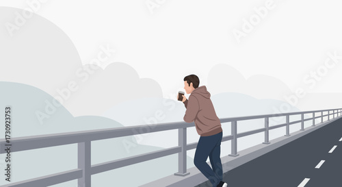 Man with coffee contemplating the view on a bridge in a moment of reflection