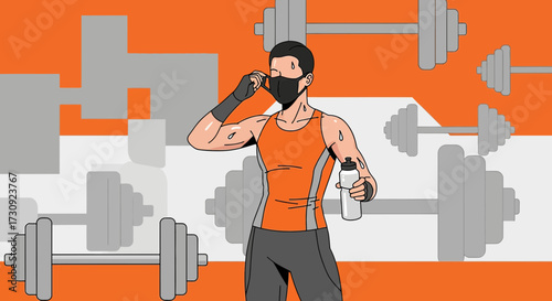 Man with mask and water bottle after workout in gym during coronavirus pandemic