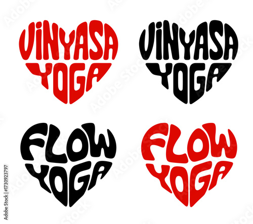 Heart-shaped sticker set in colorful and black design promoting Vinyasa yoga or Flow Yoga. Practice with  smooth transitions from pose to pose, synchronized with breathing