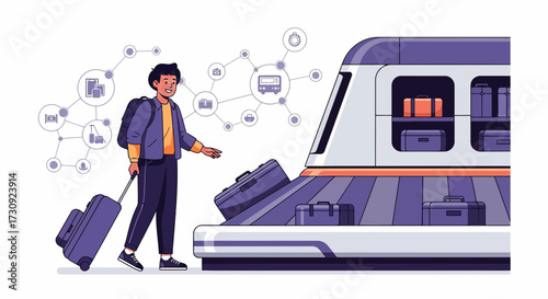 Modern train station baggage claim area with traveler collecting luggage after arriving by train