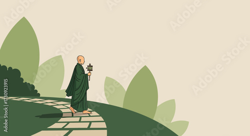 Monk walking with prayer wheel through garden representing serenity and spirituality
