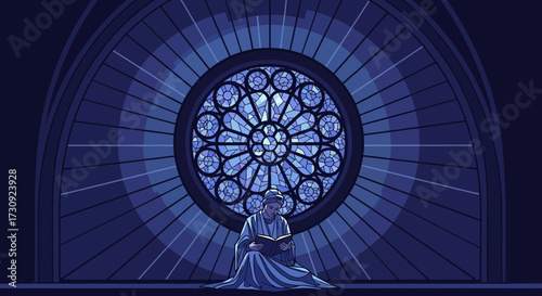 Monochromatic contemplative scene with figure reading before a stained glass window