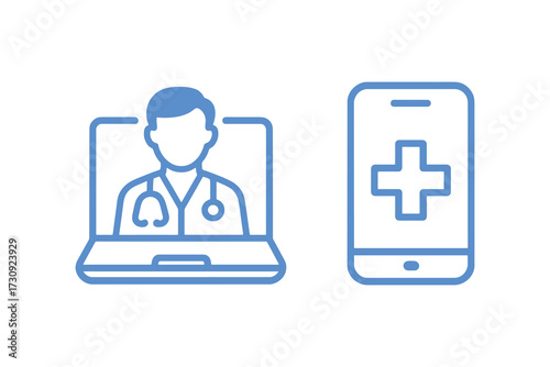 Doctor on laptop screen and medical cross on smartphone screen representing telehealth and telemedicine services