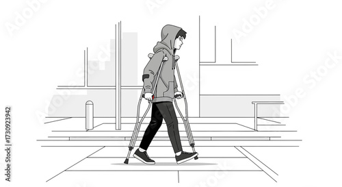 Monochrome vector illustration of a young man using crutches walking on a city street