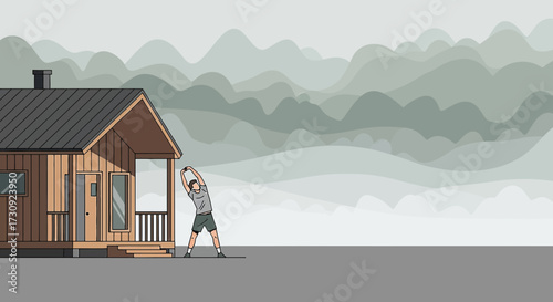 Morning stretch at a cabin with a mountainous backdrop perfect for active lifestyle