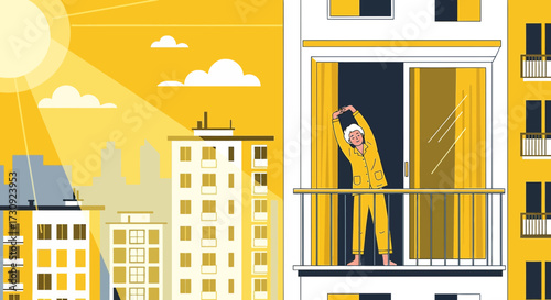 Morning routine in the city cityscape with woman stretching on a balcony with yellow tones and a
