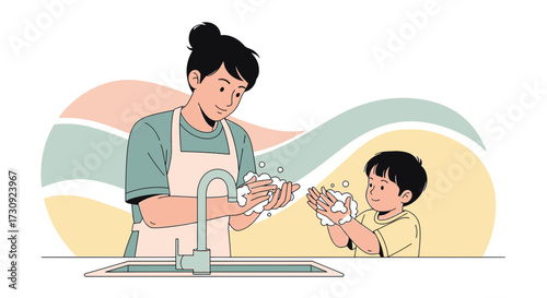 Mother and child washing hands with soap for hygiene and health illustration