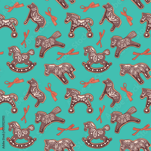 A Christmas pattern of Christmas chocolate horse cookies, bows, and ribbons. Winter homemade sweet cookies with icing. For banners, brochures, scrapbook, backgrounds, cards, fabric, textiles.