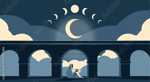Mystical arabian night with moon phases and a genie lamp for ramadan celebration