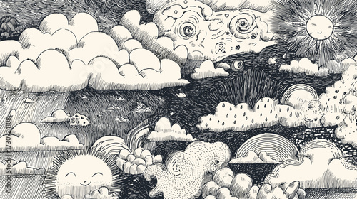 Whimsical clouds and sun illustration in black and white