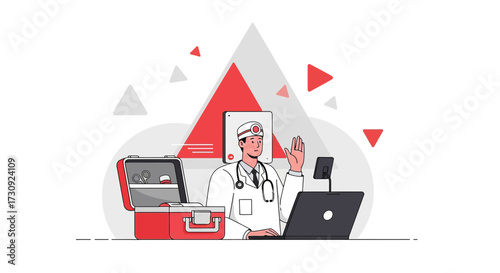 Online medical consultation with doctor using laptop and digital health technology offering remote