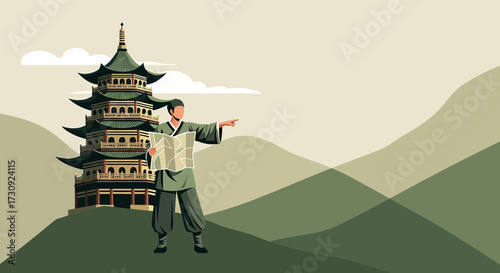 Oriental Traveler with Map at Traditional Pagoda in Scenic Landscape, Exploring new horizons