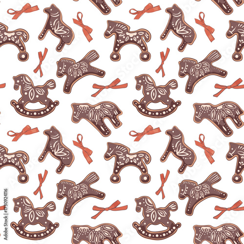 A Christmas pattern of horse-shaped Christmas chocolate cookies, bows, and ribbons. Winter homemade sweet cookies with icing. For banners, brochures, scrapbook, backgrounds, cards, fabric, textiles.