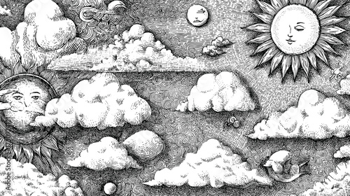 Whimsical black and white clouds and celestial illustration