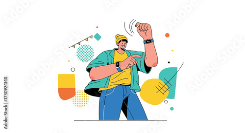 Person interacting with smartwatches using gestures in a vibrant graphic style illustration