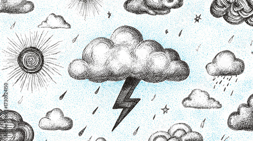 Hand-drawn weather illustration with clouds and lightning