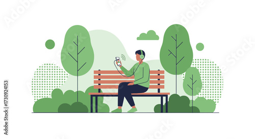 Person listening to music on a bench in park with stylized trees and foliage concept illustration