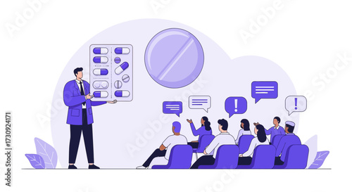 Pharmaceutical conference with a presenter showing medication options to the audience showing