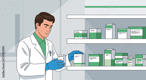 Pharmacist organizing medicines on shelves in a pharmacy a medical professional ensuring