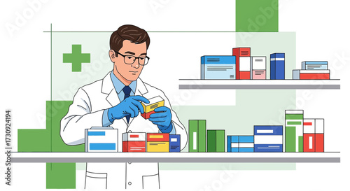 Pharmacist arranging medicine boxes on shelves in a pharmacy medical professional in a lab coat