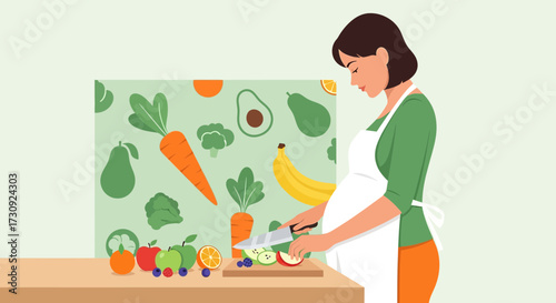 Pregnant woman preparing healthy food with fresh fruit and vegetables illustration