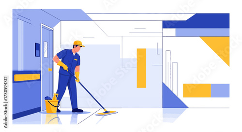 Professional cleaning service worker mops the floor in a modern interior setting  depicting