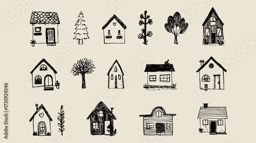 Whimsical hand-drawn houses and trees collection