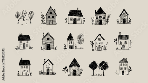 Colorful hand-drawn houses collection