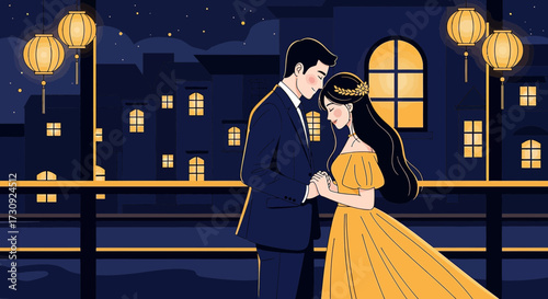 Romantic evening: A couple's loving moment under lantern light in a charming cityscape