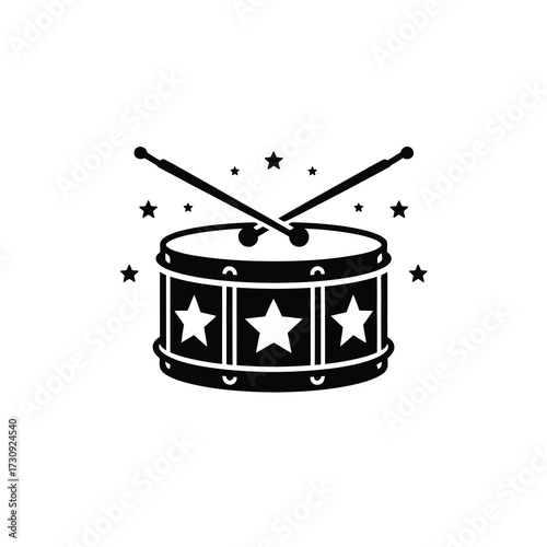 Festive drum with drumsticks and stars symbolizing celebration and music performance