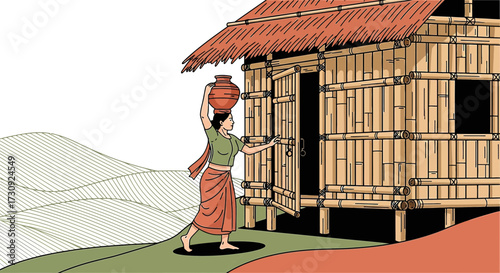 Rural life illustration depicting a woman carrying water near a bamboo house rural india