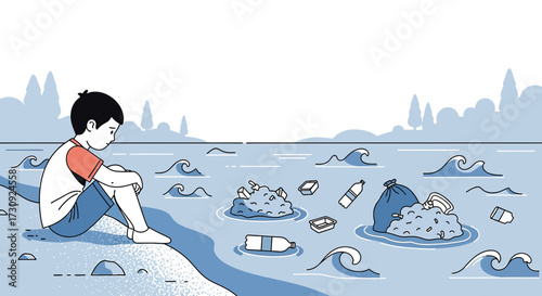 Sad boy contemplating pollution crisis on beach illustration with litter and garbage contamination