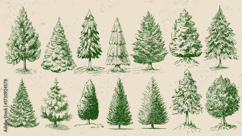 Hand-drawn collection of evergreen trees