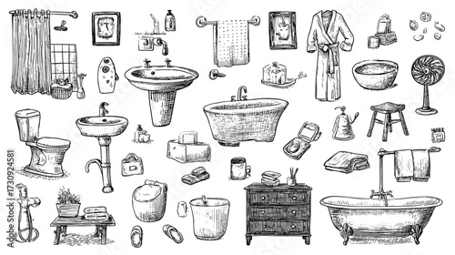 Hand-drawn bathroom items collection