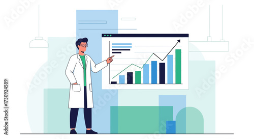 Scientist analyzing data charts and growth trends in a laboratory environment promoting scientific