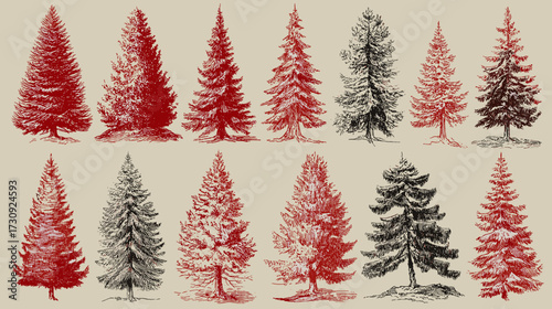 Illustrated trees collection in red and black
