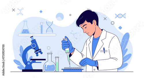 Scientist working in laboratory performing experiment, medical research concept design