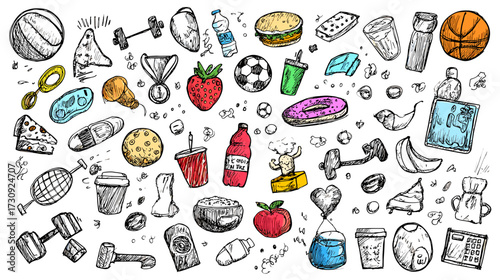 Colorful doodle of food and fitness items