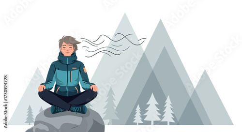 Serene Meditation: A Person in Lotus Position Amidst Majestic Mountain Scenery Illustrating