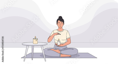 Serene meditation scene featuring a woman in lotus position with candles illuminating the calm